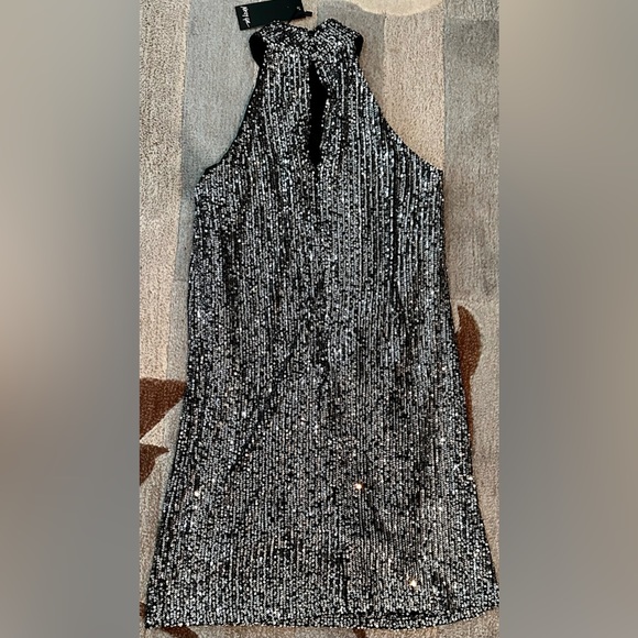 NWT Nasty Gal High Neck Halter Mini Shift Dress in Black w Mini Silver Sequins - Picture 7 of 10